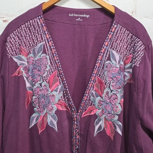 Soft Surroundings Dark Berry Playa Embroidered Jacket Open Beaded Womens 2X NWT - Picture 2 of 14